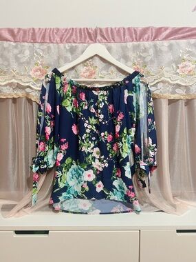 NY & Co Sweet Pea Navy Blue Floral Off the Shoulder Top